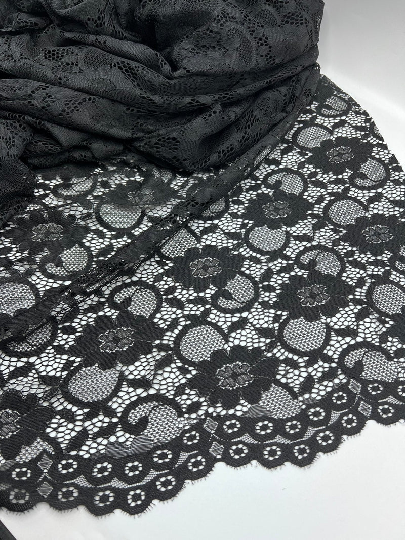 Black Scalloped Edge Floral Lace Fabric Stretch