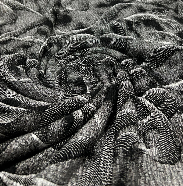 Black Silver Patterned Textured Tree Bark Stretch Dress Craft Fabric