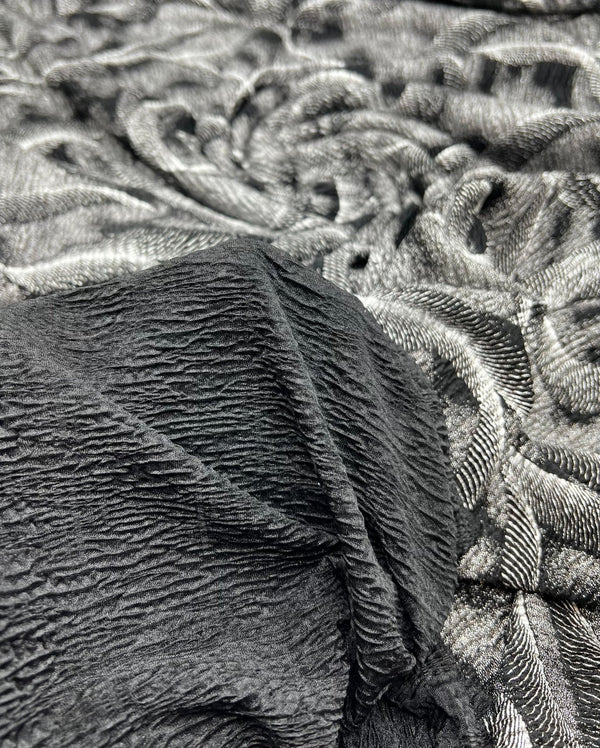 Black Silver Patterned Textured Tree Bark Stretch Dress Craft Fabric