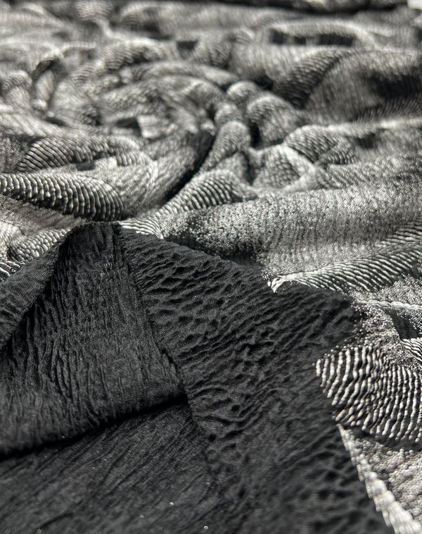 Black Silver Patterned Textured Tree Bark Stretch Dress Craft Fabric