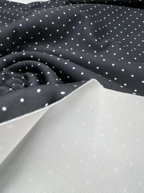 Black Small Polka Dot Printed Plain Scuba 4 Way Stretch Jersey Fabric
