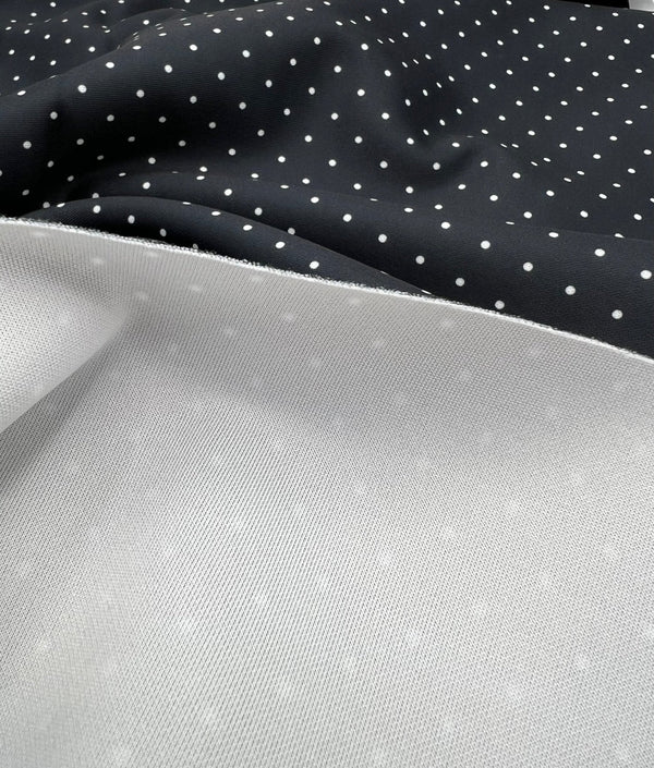 Black Small Polka Dot Printed Plain Scuba 4 Way Stretch Jersey Fabric