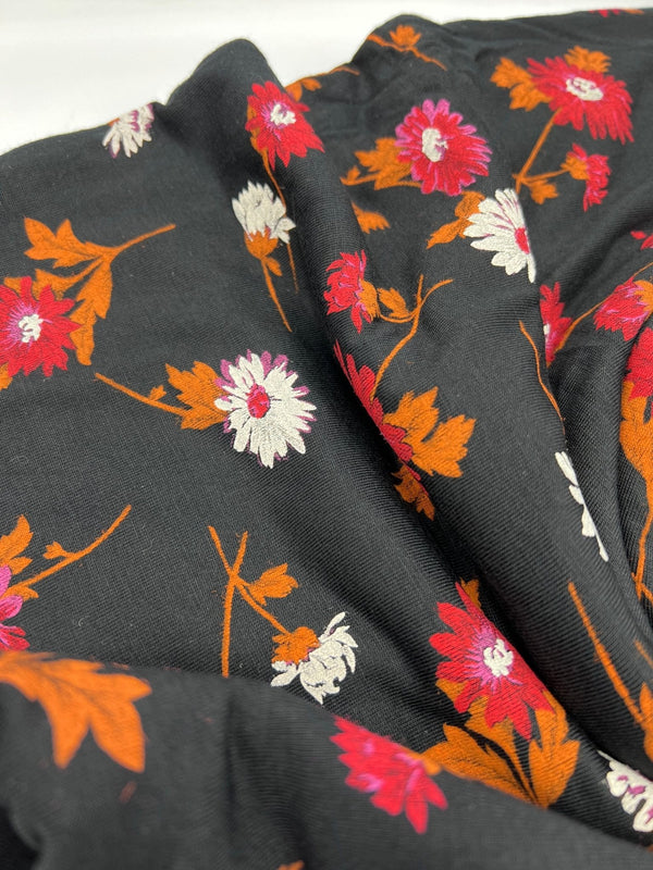 Black White Brown Floral Print Viscose Elastane Fabric