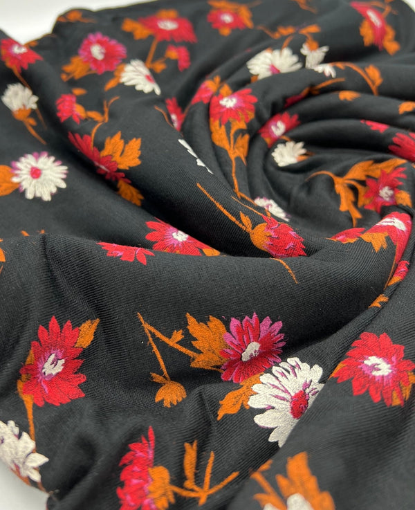 Black White Brown Floral Print Viscose Elastane Fabric