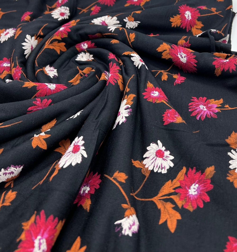 Black White Brown Floral Print Viscose Elastane Fabric
