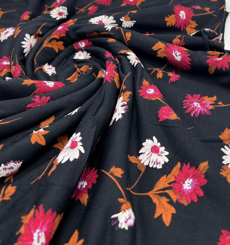 Black White Brown Floral Print Viscose Elastane Fabric