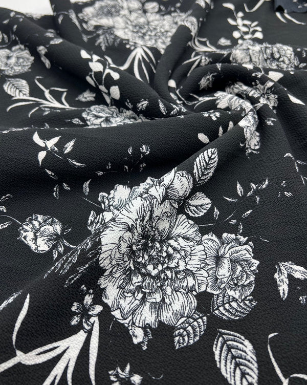 Black White Floral Print Lightweight Bubble Crepe Fabric