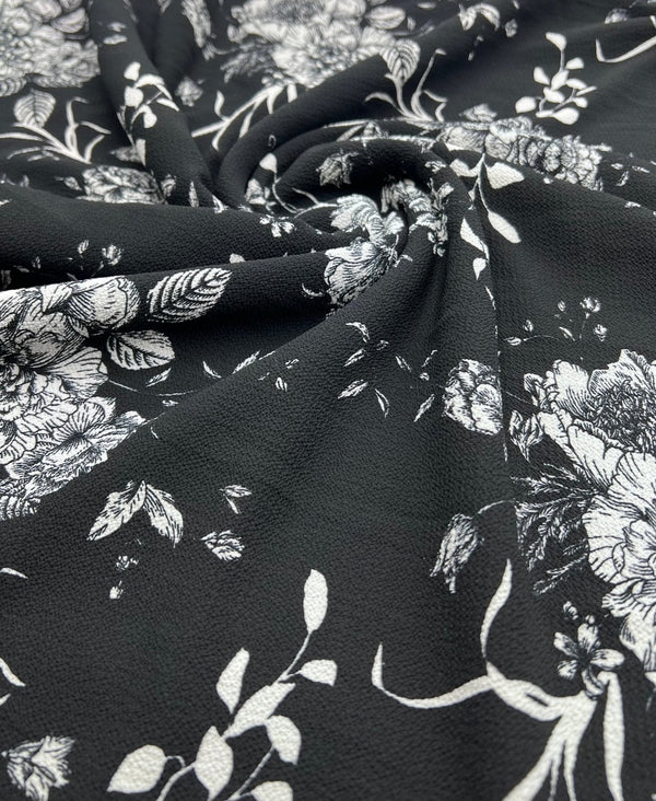 Black White Floral Print Lightweight Bubble Crepe Fabric