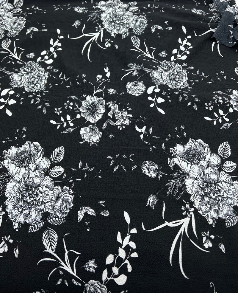 Black White Floral Print Lightweight Bubble Crepe Fabric
