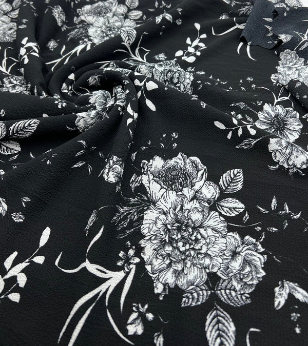 Black White Floral Print Lightweight Bubble Crepe Fabric