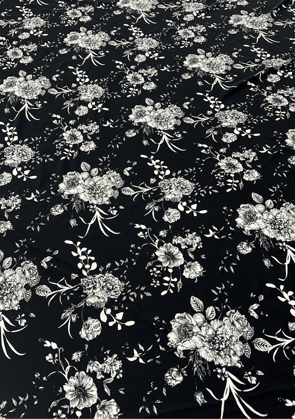 Black White Floral Print Lightweight Bubble Crepe Fabric