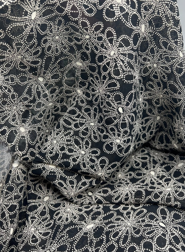 Black White Flower Printed Chiffon Dress Fabric