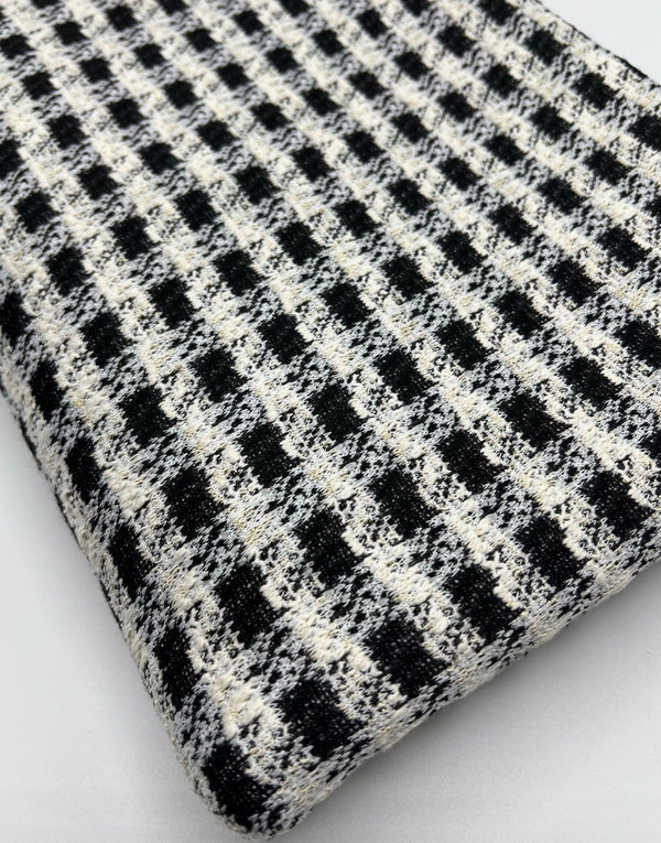 Black White Gingham Gold Speckles Jacquard Stretch Fabric