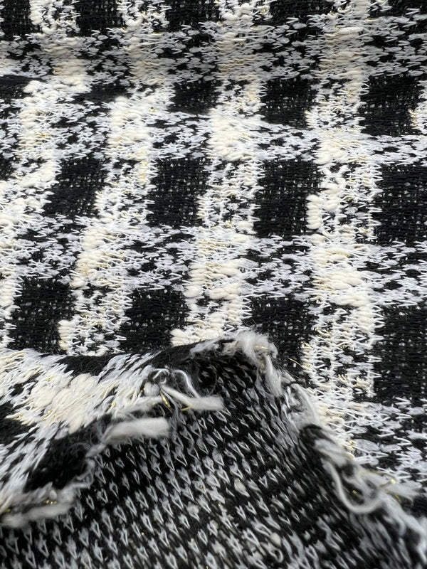 Black White Gingham Gold Speckles Jacquard Stretch Fabric