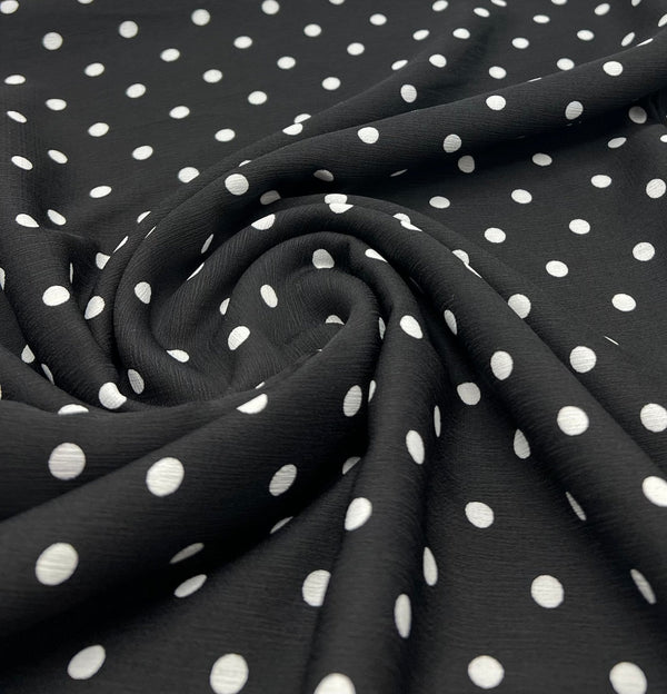 Black White Polka Spot Lightweight Crepe Non Stretch Fabric