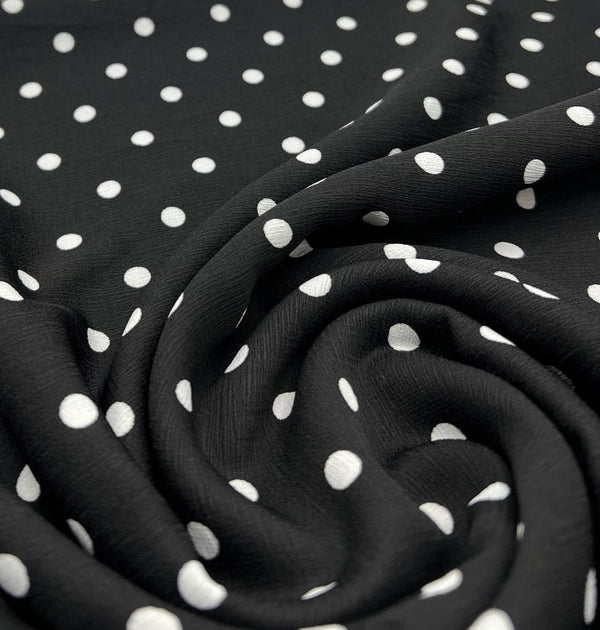 Black White Polka Spot Lightweight Crepe Non Stretch Fabric