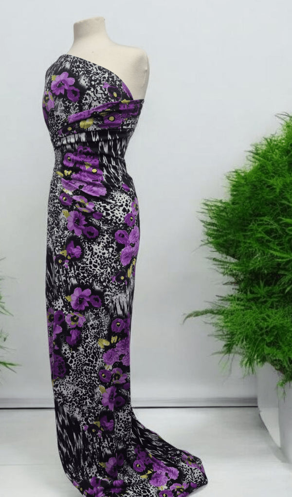 Black White Purple Floral Animal Print Viscose Elastane 2 Way Stretch Fabric