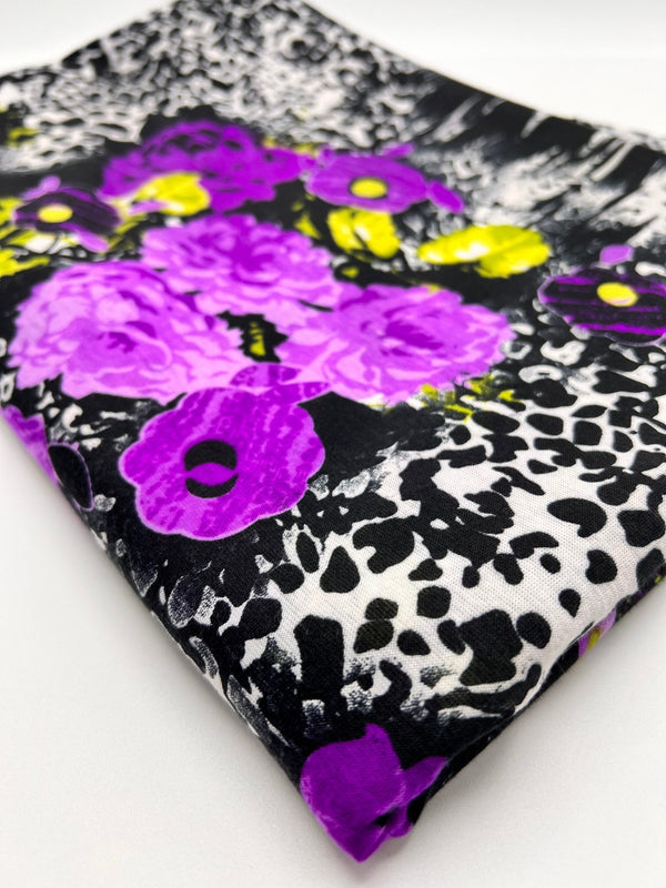 Black White Purple Floral Animal Print Viscose Elastane 2 Way Stretch Fabric