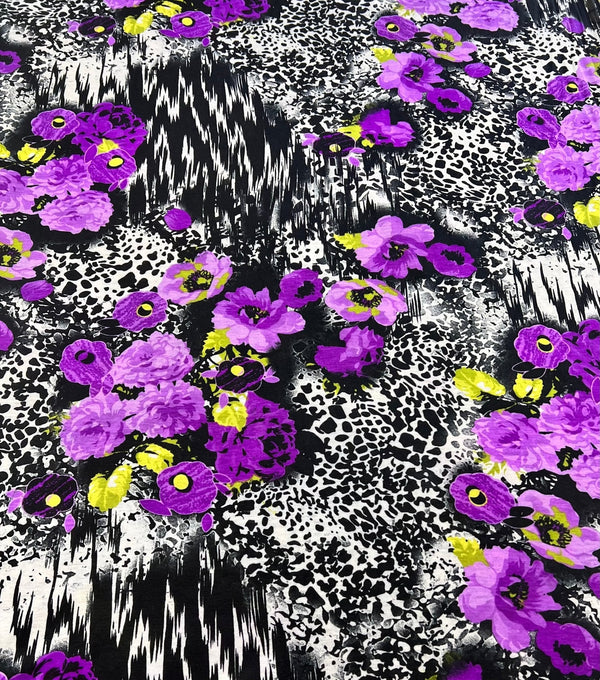 Black White Purple Floral Animal Print Viscose Elastane 2 Way Stretch Fabric