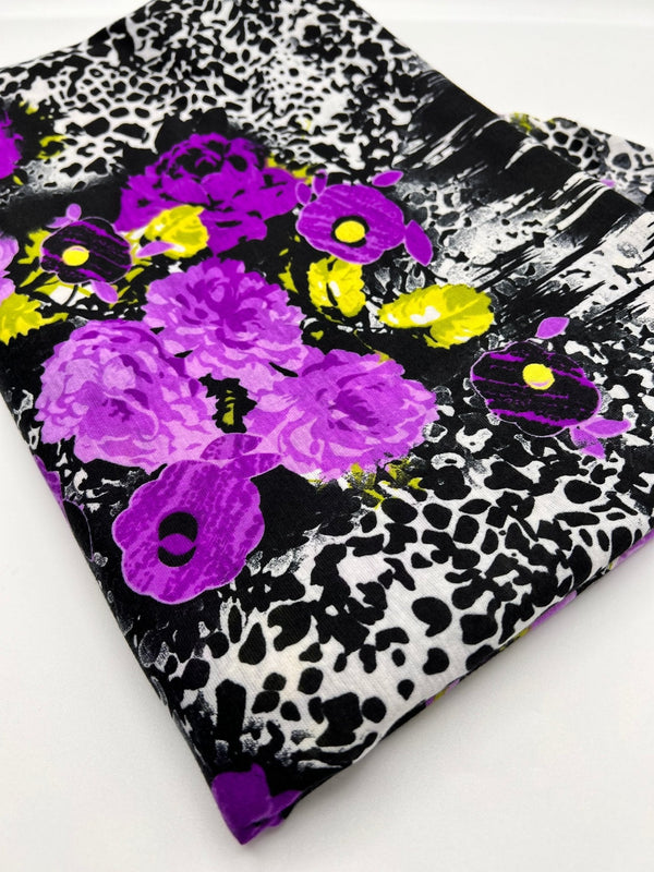Black White Purple Floral Animal Print Viscose Elastane 2 Way Stretch Fabric