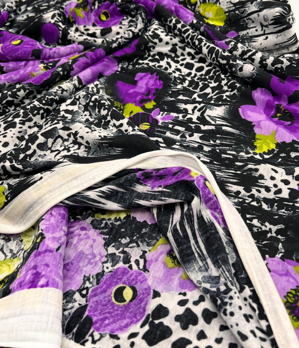 Black White Purple Floral Animal Print Viscose Elastane 2 Way Stretch Fabric