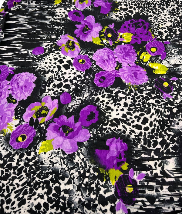 Black White Purple Floral Animal Print Viscose Elastane 2 Way Stretch Fabric