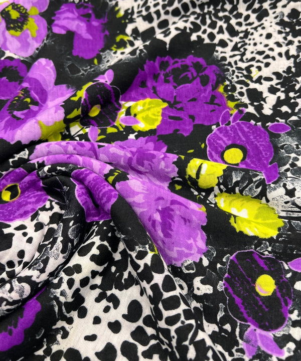 Black White Purple Floral Animal Print Viscose Elastane 2 Way Stretch Fabric