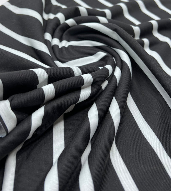 Black White Stripe Print Spun Poly Stretch Fabric