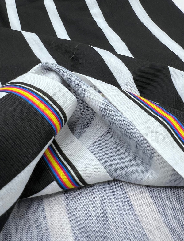 Black White Stripe Print Spun Poly Stretch Fabric