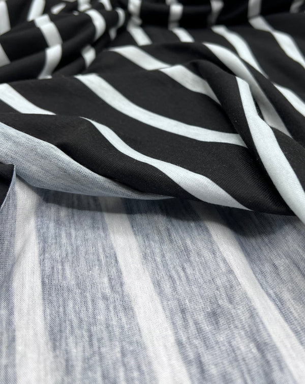 Black White Stripe Print Spun Poly Stretch Fabric