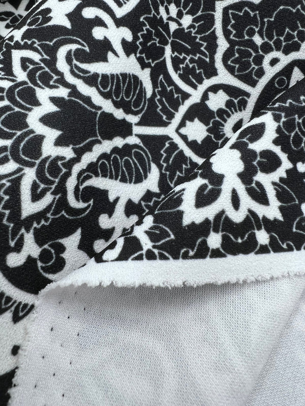 Black White Swirl Paisley Printed Scuba Crepe Jersey Fabric 4 Way Stretch