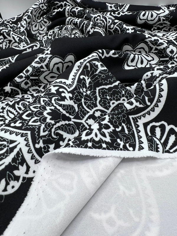 Black White Swirl Paisley Printed Scuba Crepe Jersey Fabric 4 Way Stretch