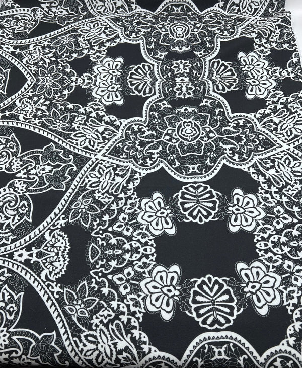 Black White Swirl Paisley Printed Scuba Crepe Jersey Fabric 4 Way Stretch
