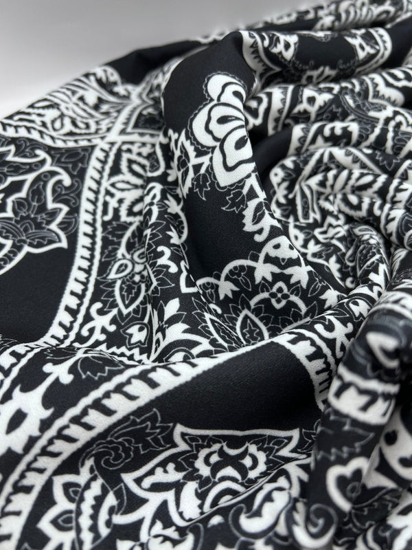 Black White Swirl Paisley Printed Scuba Crepe Jersey Fabric 4 Way Stretch