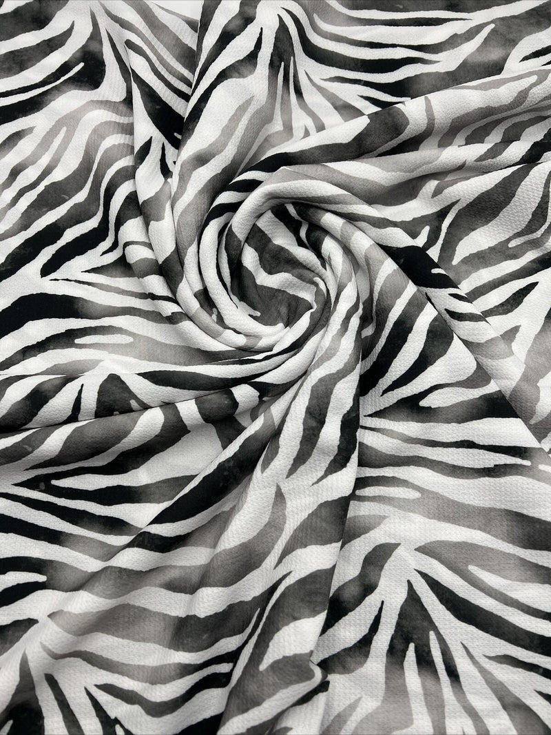 Black Zebra Print Lightweight Bubble Crepe Non Stretch Fabric