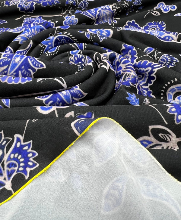 Blue Black Print Floral Print ITY Fabric 2 Way Stretch