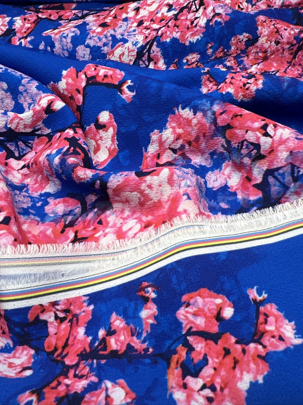 Blue Blossom Print Lightweight Bubble Crepe Non Stretch Fabric