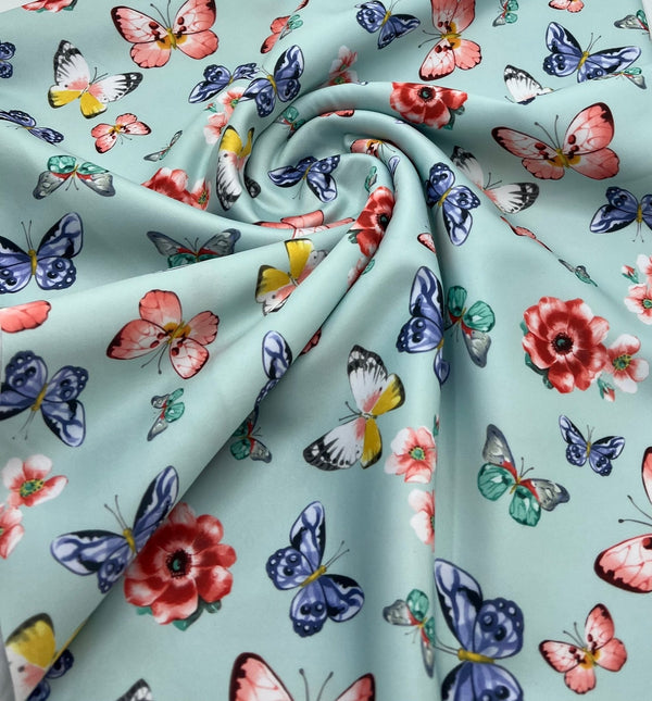 Blue Butterfly Print Plain Scuba Fabric