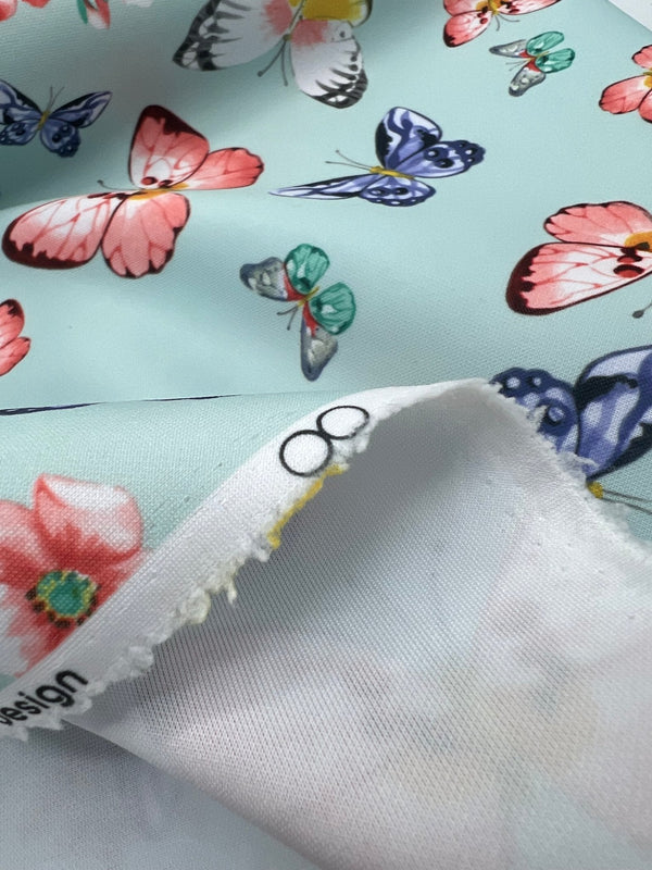 Blue Butterfly Print Plain Scuba Fabric