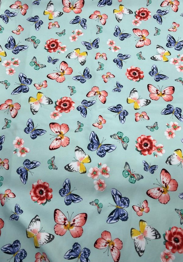 Blue Butterfly Print Plain Scuba Fabric
