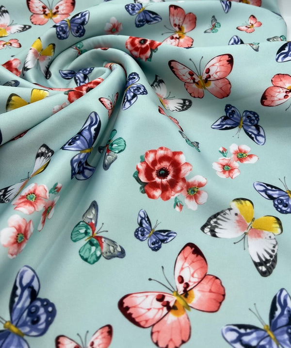 Blue Butterfly Printed Scuba Crepe Jersey Fabric 4 Way Stretch