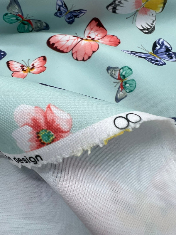 Blue Butterfly Printed Scuba Crepe Jersey Fabric 4 Way Stretch