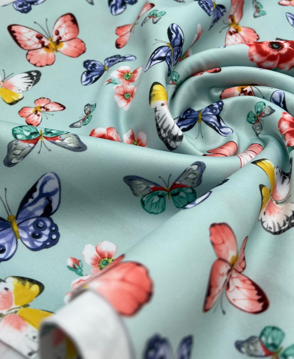 Blue Butterfly Printed Scuba Crepe Jersey Fabric 4 Way Stretch
