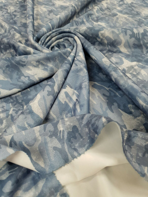 Blue Camo Printed Plain Scuba 4 Way Stretch Jersey Fabric