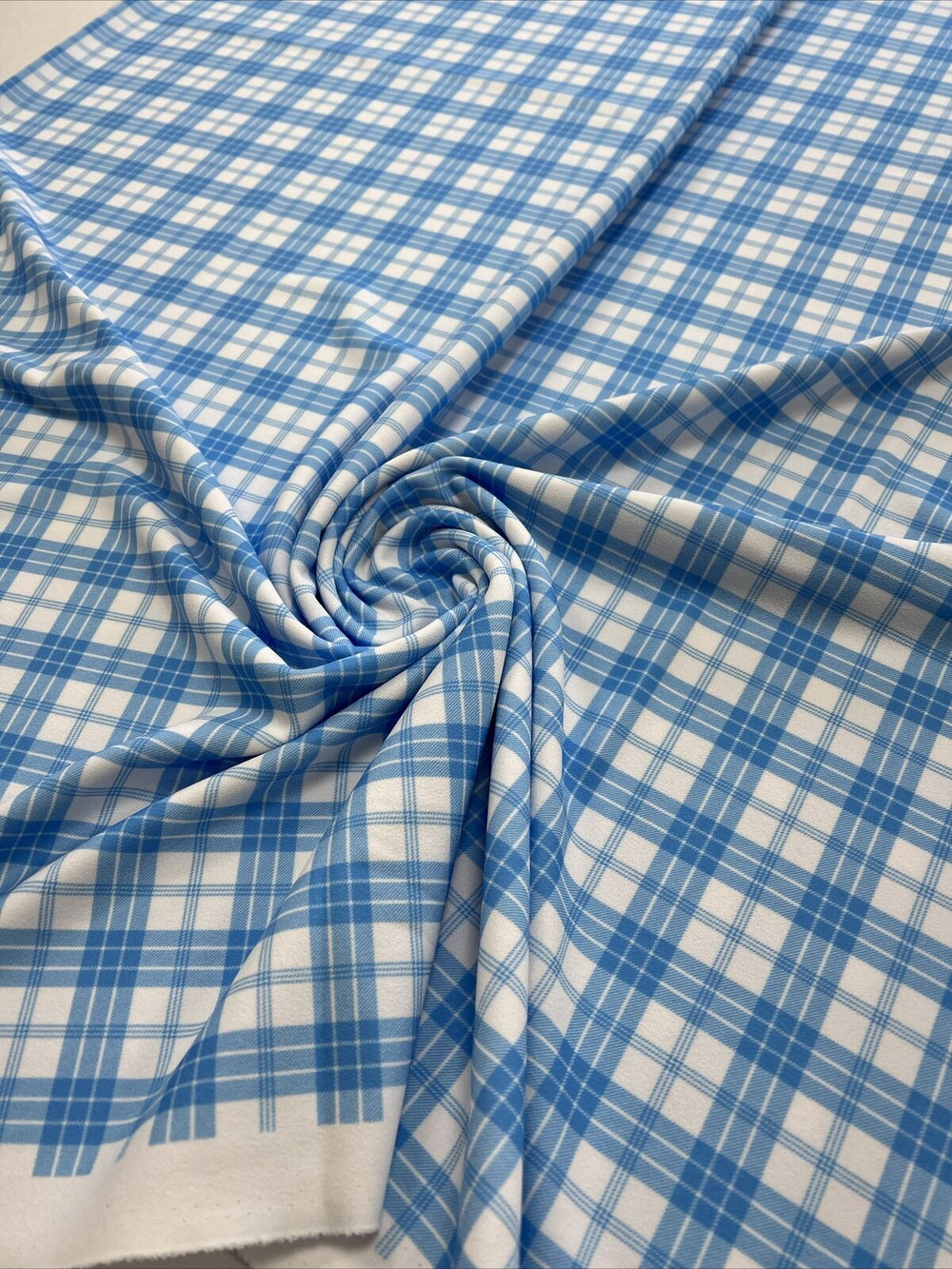 Blue Check Printed Scuba Crepe Jersey Fabric 4 Way Stretch