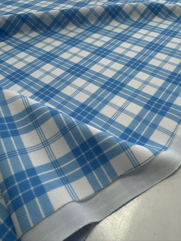 Blue Check Printed Scuba Crepe Jersey Fabric 4 Way Stretch
