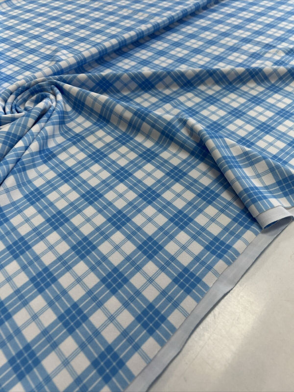 Blue Check Printed Scuba Crepe Jersey Fabric 4 Way Stretch