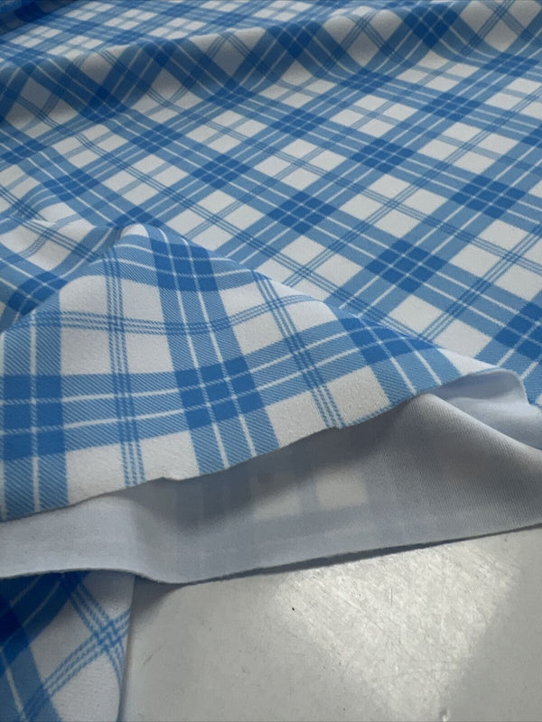 Blue Check Printed Scuba Crepe Jersey Fabric 4 Way Stretch
