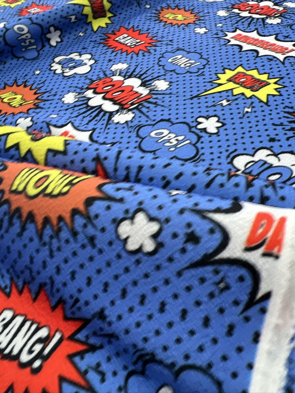 Blue Comic Print Liverpool Bullet Stretch Fabric