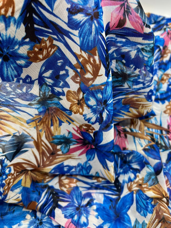 Blue Floral Lightweight Crinkle Crepe Non Stretch Fabric